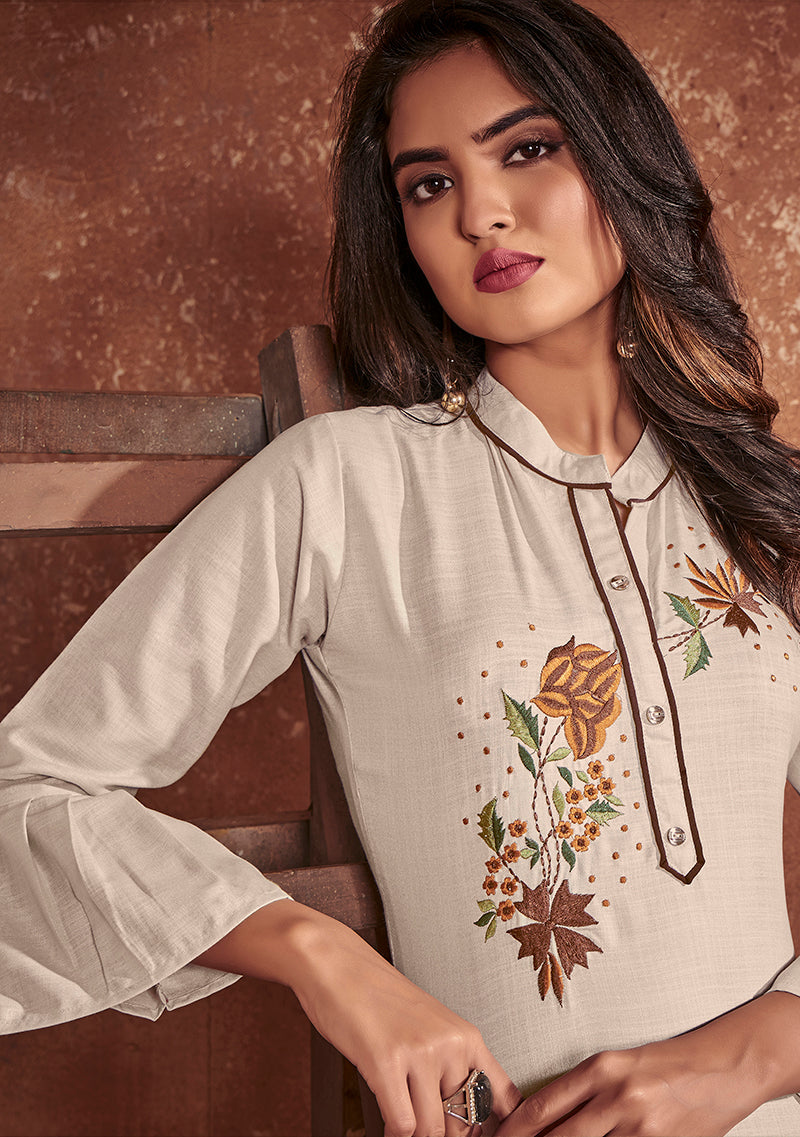 Monjolika Fashion Cotton Embroidered Off White Party Wear Kurti - Distacart