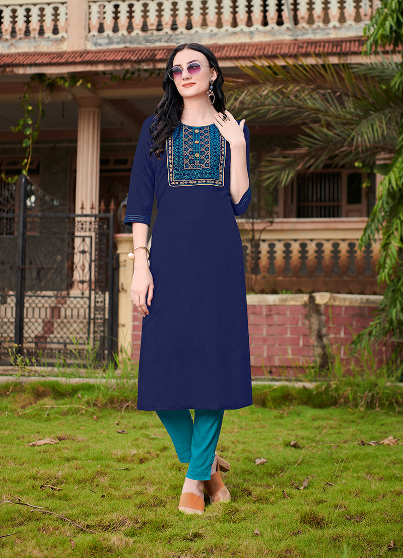 Monjolika Fashion Navy Blue Cotton Embroidered Party Wear Kurti - Distacart