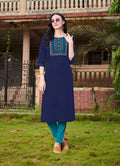 Monjolika Fashion Navy Blue Cotton Embroidered Party Wear Kurti - Distacart