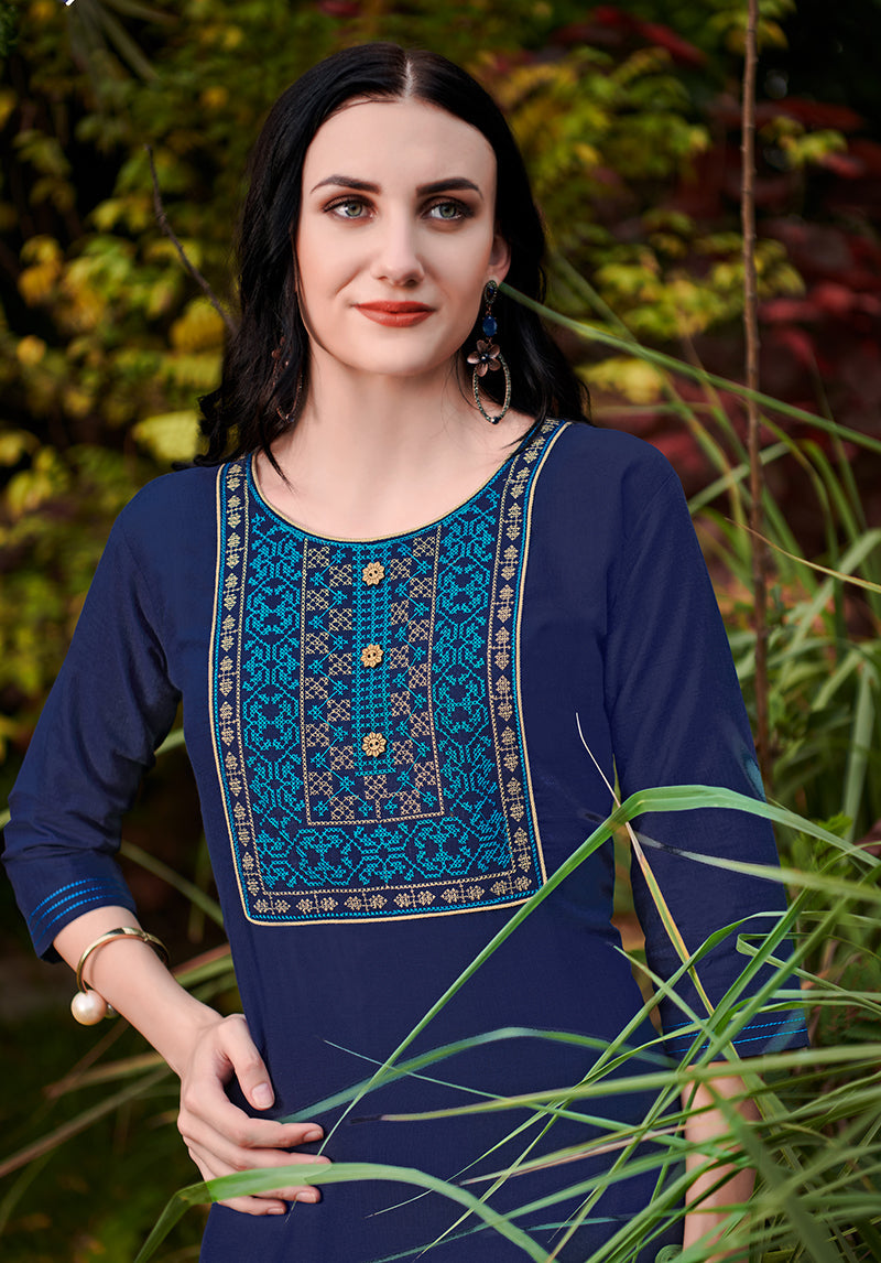 Monjolika Fashion Navy Blue Cotton Embroidered Party Wear Kurti - Distacart