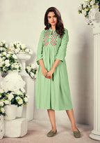 Monjolika Fashion Fancy Festive Wear Pista Green Color Rayon Fabric Thread Embroidered Kurti - Distacart