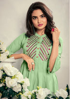Monjolika Fashion Fancy Festive Wear Pista Green Color Rayon Fabric Thread Embroidered Kurti - Distacart