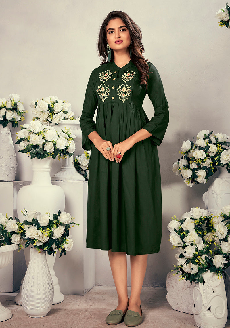 Monjolika Fashion Fancy Festive Wear Bottle Green Color Rayon Fabric Thread Embroidered Kurti - Distacart
