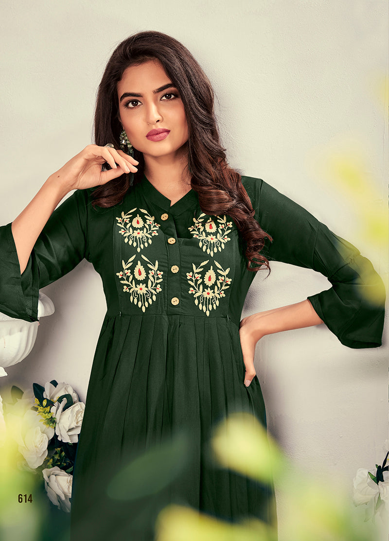 Monjolika Fashion Fancy Festive Wear Bottle Green Color Rayon Fabric Thread Embroidered Kurti - Distacart