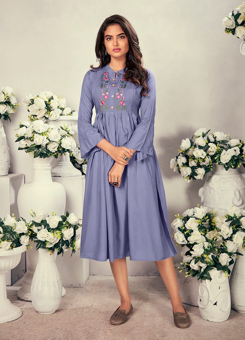Monjolika Fashion Fancy Festive Wear Lavender Color Rayon Fabric Thread Embroidered Kurti - Distacart