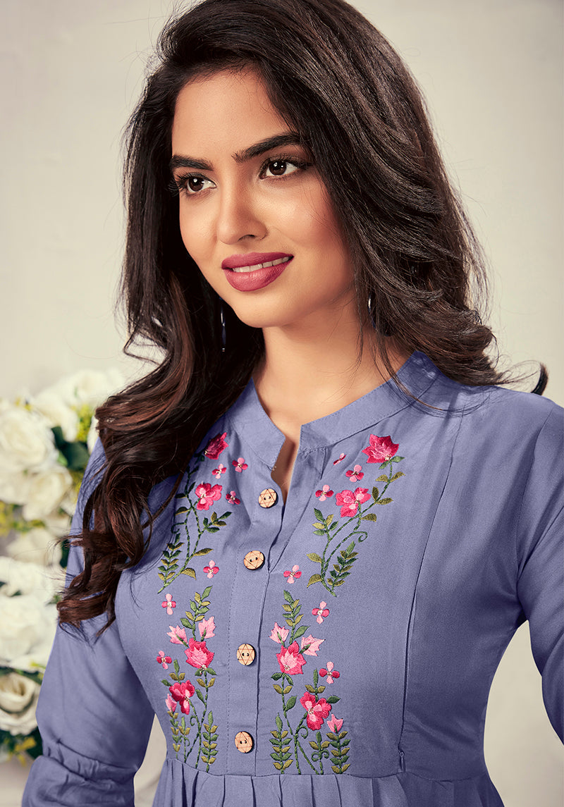 Monjolika Fashion Fancy Festive Wear Lavender Color Rayon Fabric Thread Embroidered Kurti - Distacart
