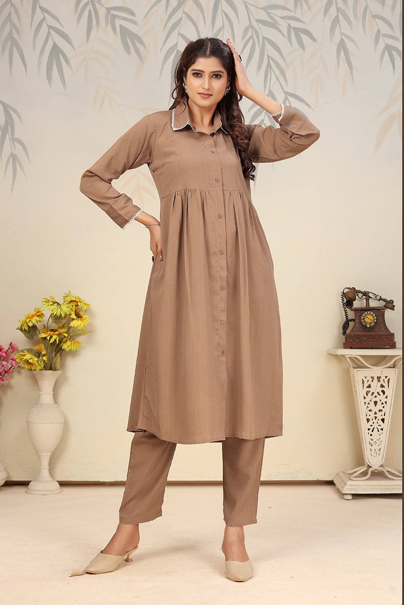 Monjolika Fashion Brown Cotton Solid Festival Casual Kurti - Distacart