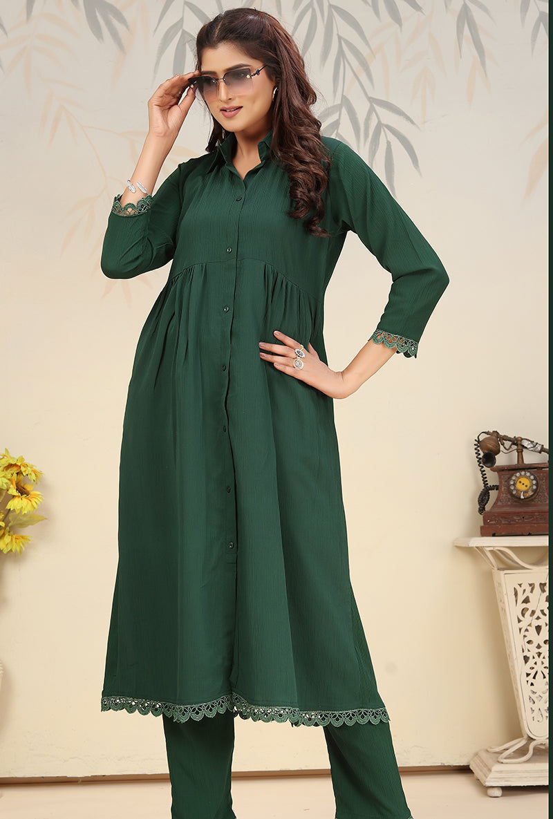 Monjolika Fashion Bottle Green Cotton Solid Festival Casual Kurti - Distacart