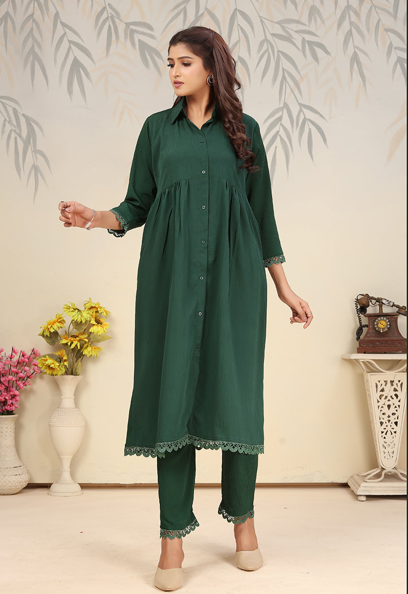Monjolika Fashion Bottle Green Cotton Solid Festival Casual Kurti - Distacart
