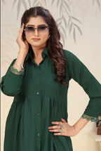 Monjolika Fashion Bottle Green Cotton Solid Festival Casual Kurti - Distacart