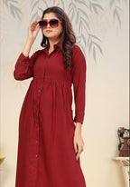 Monjolika Fashion Maroon Cotton Solid Festival Casual Kurti - Distacart