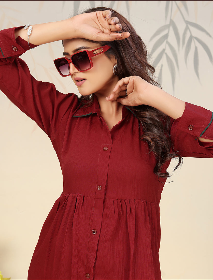 Monjolika Fashion Maroon Cotton Solid Festival Casual Kurti - Distacart