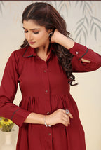Monjolika Fashion Maroon Cotton Solid Festival Casual Kurti - Distacart