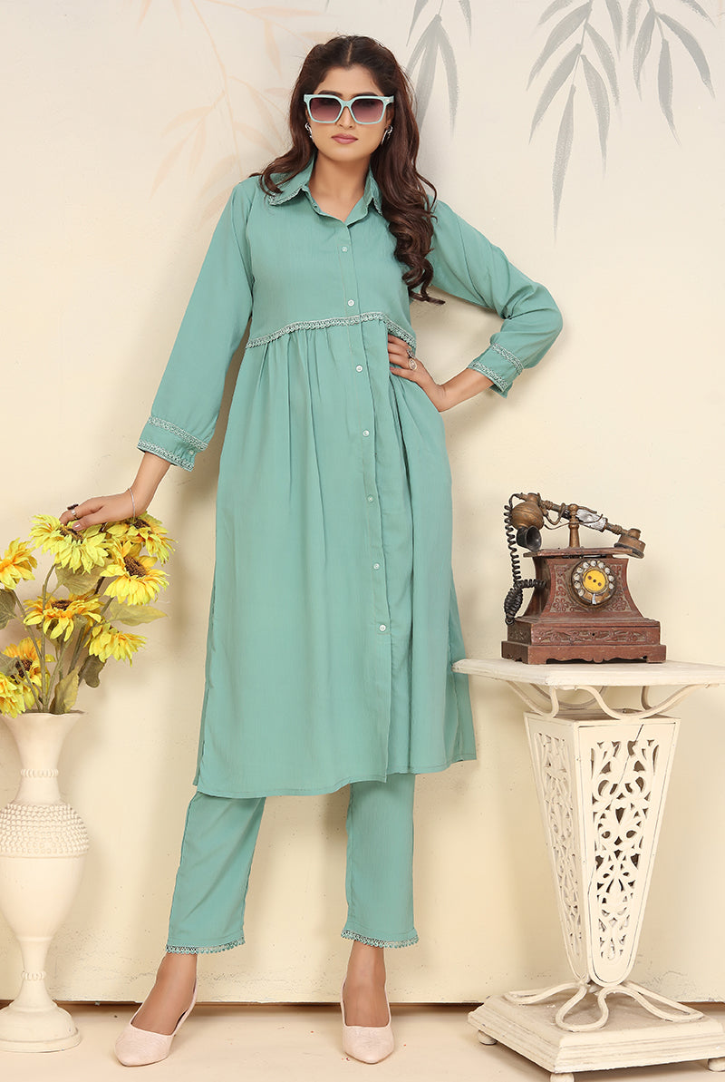 Monjolika Fashion Light Cyan Cotton Solid Festival Casual Kurti - Distacart
