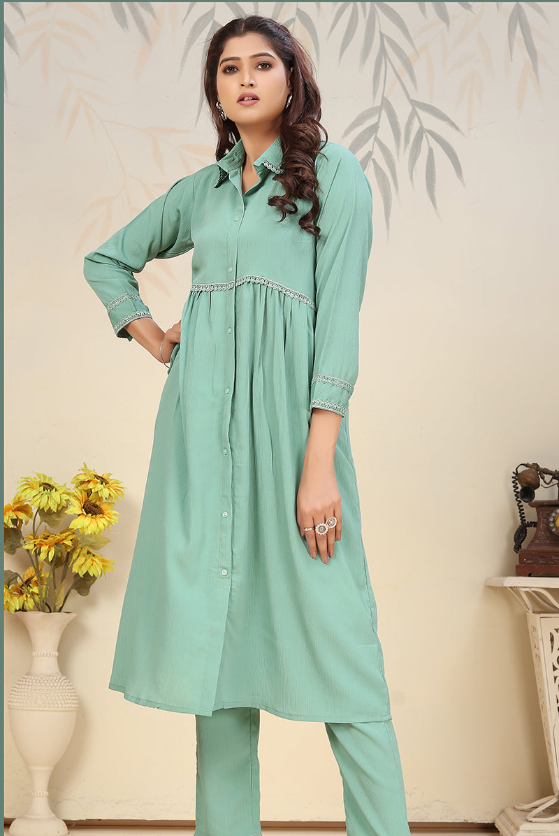 Monjolika Fashion Light Cyan Cotton Solid Festival Casual Kurti - Distacart