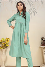 Monjolika Fashion Light Cyan Cotton Solid Festival Casual Kurti - Distacart