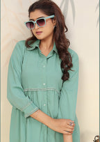 Monjolika Fashion Light Cyan Cotton Solid Festival Casual Kurti - Distacart