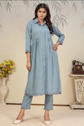 Monjolika Fashion Sky Blue Cotton Solid Festival Casual Kurti - Distacart