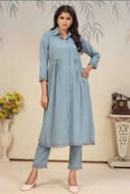 Monjolika Fashion Sky Blue Cotton Solid Festival Casual Kurti - Distacart