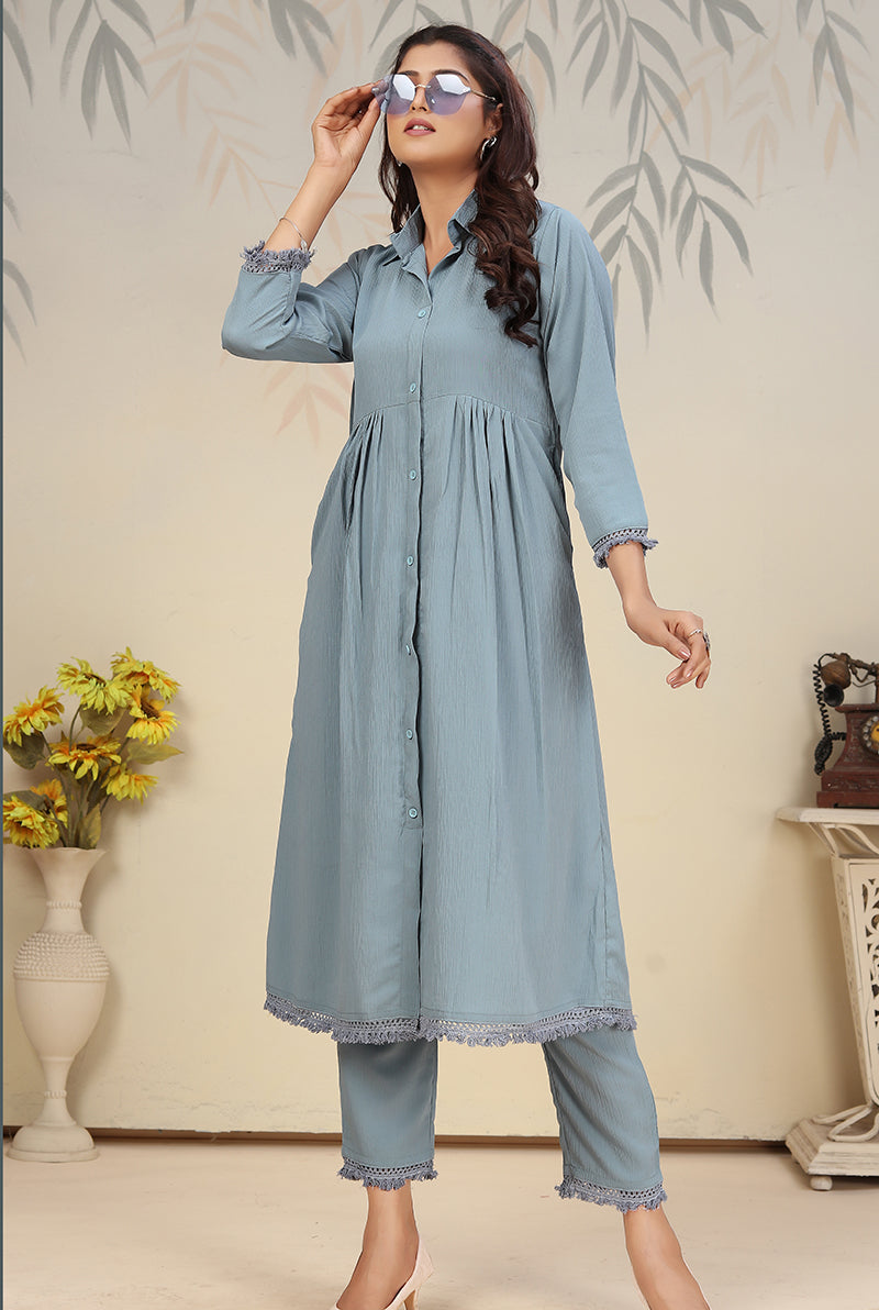 Monjolika Fashion Sky Blue Cotton Solid Festival Casual Kurti - Distacart