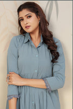 Monjolika Fashion Sky Blue Cotton Solid Festival Casual Kurti - Distacart