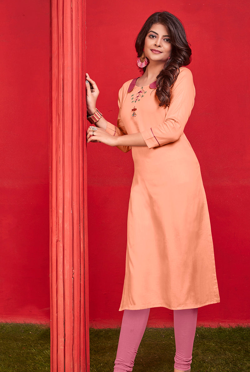 Monjolika Fashion Cotton Party Wear Kurti In Peach - Distacart
