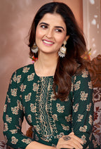 Monjolika Fashion Silk Embroidered Dark Green Designer Kurti - Distacart