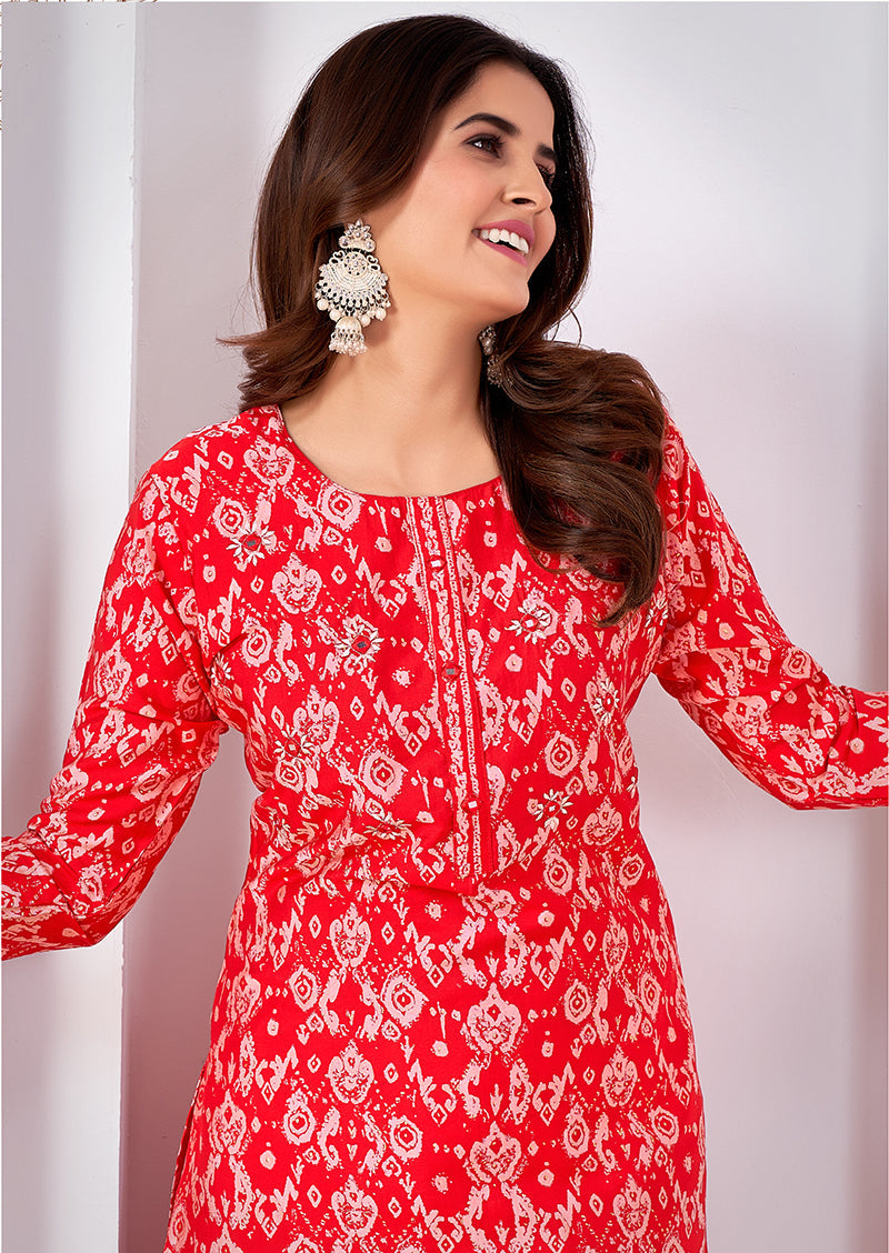 Monjolika Fashion Silk Print Casual Kurti In Red - Distacart