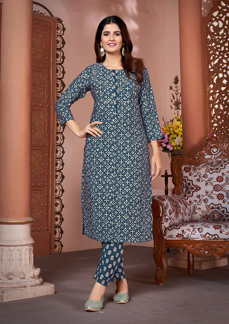 Monjolika Fashion Silk Embroidered Teal Designer Kurti - Distacart