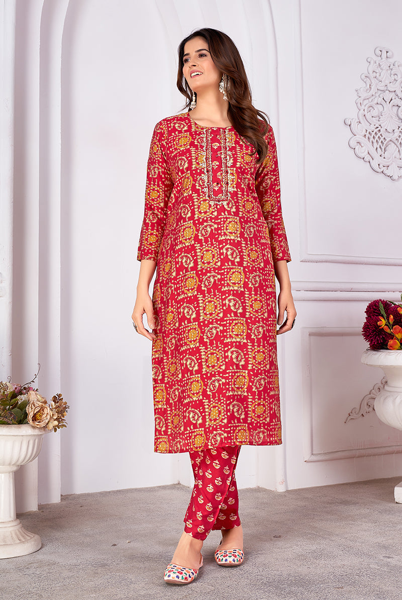Monjolika Fashion Silk Embroidered Red Designer Kurti - Distacart