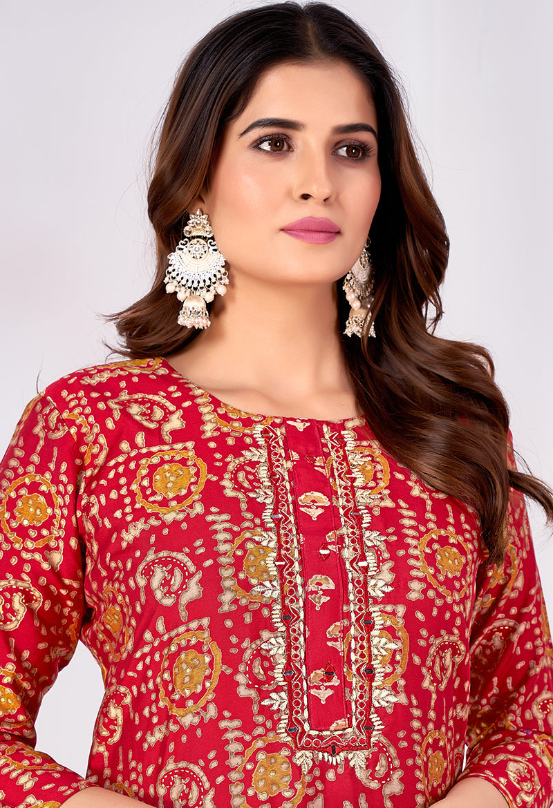 Monjolika Fashion Silk Embroidered Red Designer Kurti - Distacart