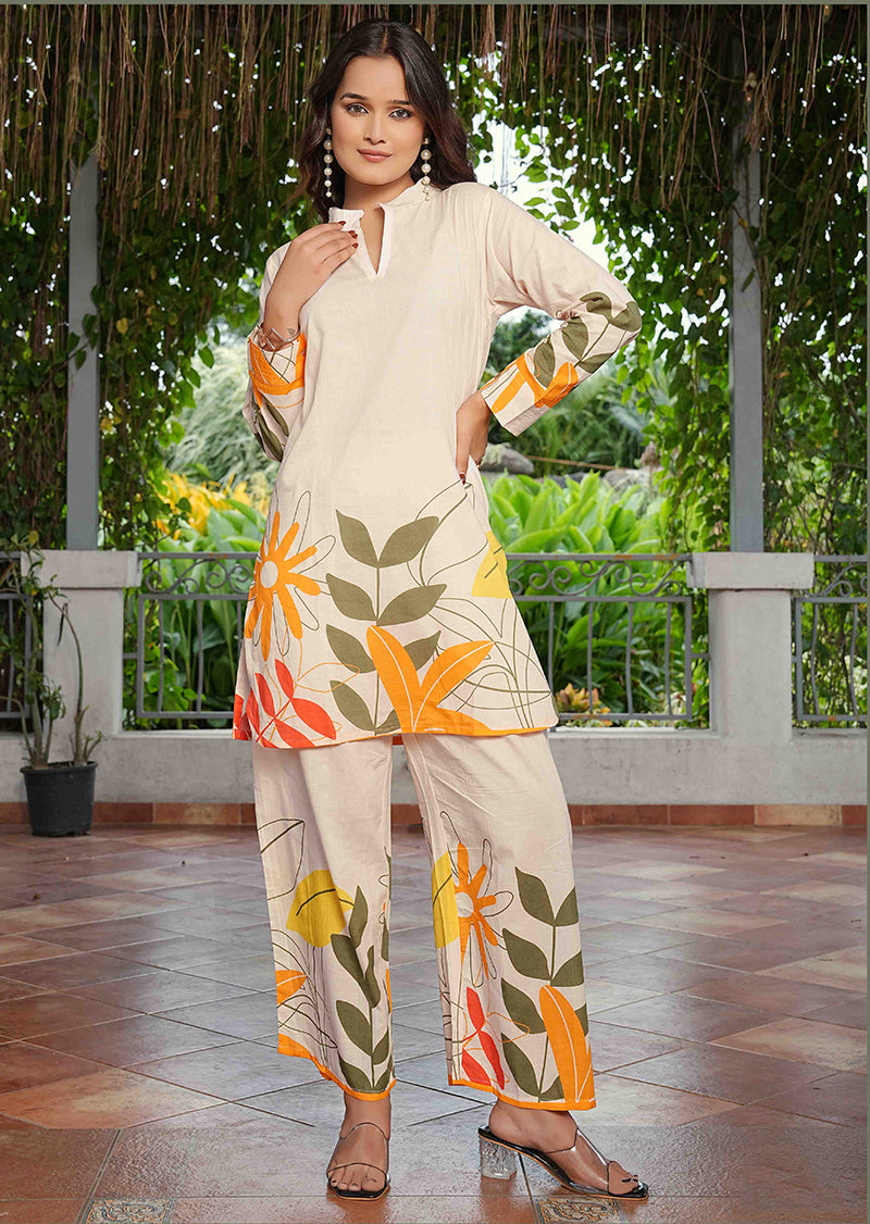 Monjolika Fashion Elegant Cream Floral Printed Cotton Co-Ord Set For Women - Distacart