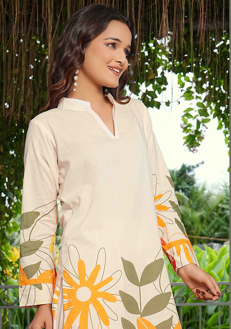 Monjolika Fashion Elegant Cream Floral Printed Cotton Co-Ord Set For Women - Distacart