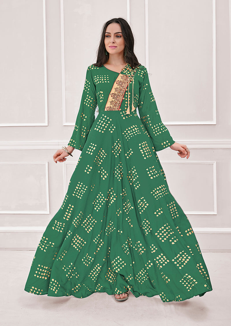 Monjolika Fashion Green Muslin Foil Print Party Wear Kurti - Distacart
