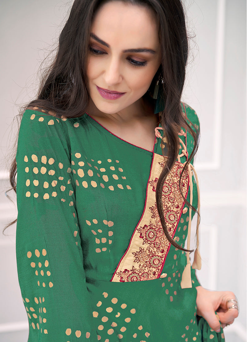 Monjolika Fashion Green Muslin Foil Print Party Wear Kurti - Distacart