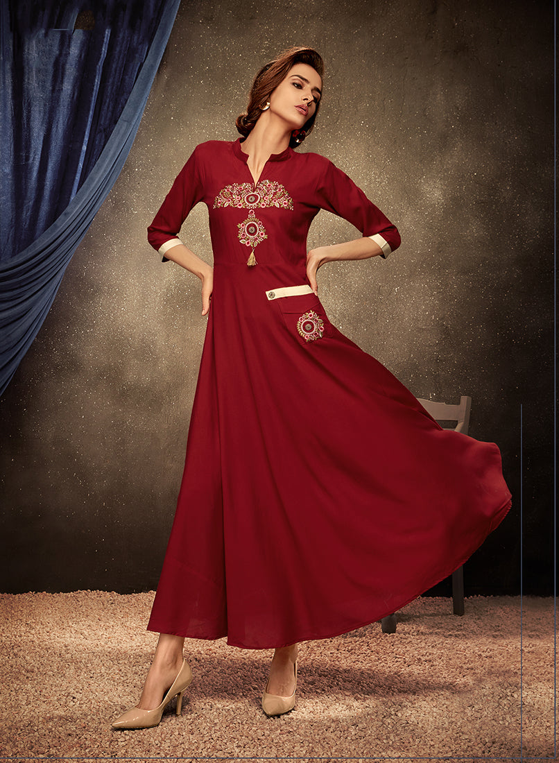 Monjolika Fashion Maroon Embroidered Rayon Party Wear Kurti - Distacart