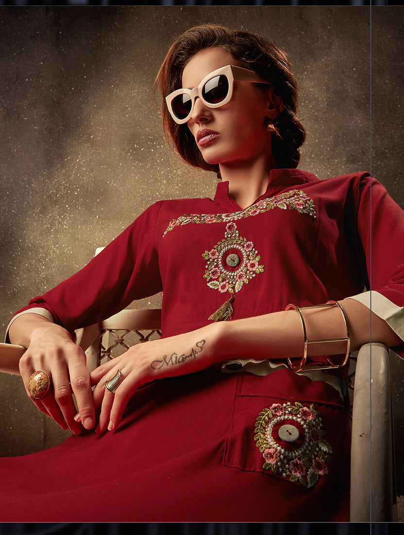 Monjolika Fashion Maroon Embroidered Rayon Party Wear Kurti - Distacart
