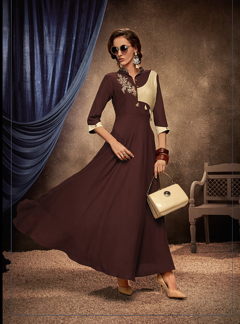 Monjolika Fashion Brown Embroidered Rayon Party Wear Kurti - Distacart
