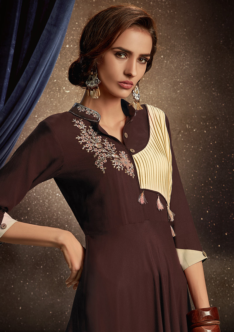 Monjolika Fashion Brown Embroidered Rayon Party Wear Kurti - Distacart