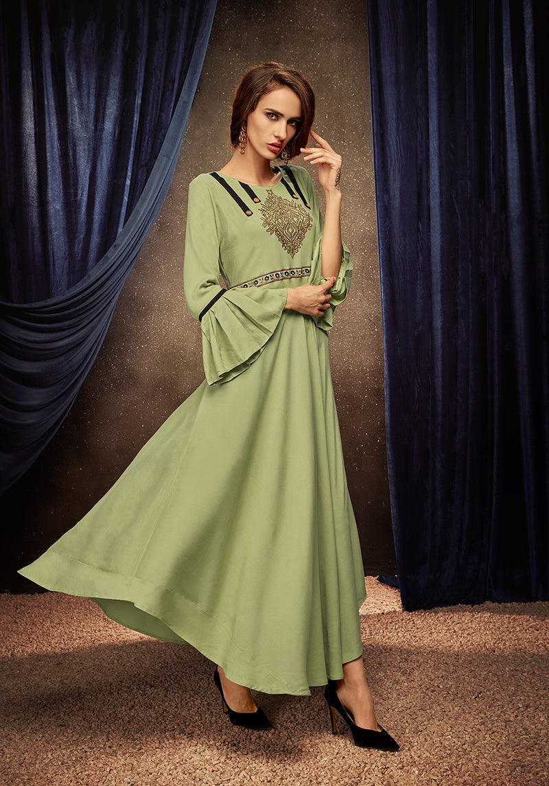 Monjolika Fashion Light Green Embroidered Rayon Party Wear Kurti - Distacart