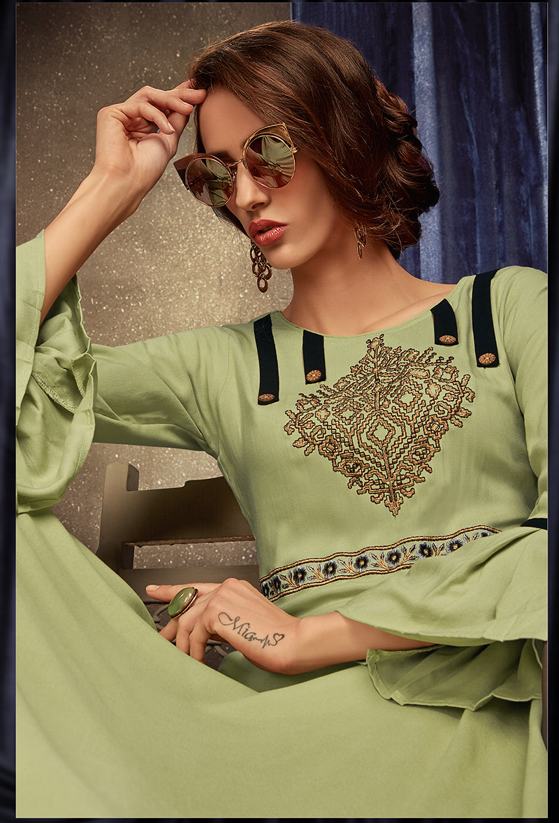 Monjolika Fashion Light Green Embroidered Rayon Party Wear Kurti - Distacart