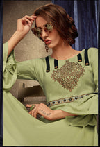 Monjolika Fashion Light Green Embroidered Rayon Party Wear Kurti - Distacart