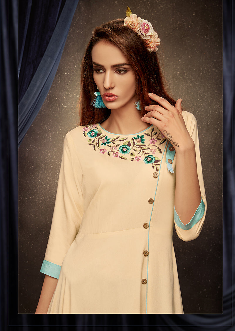 Monjolika Fashion Cream Embroidered Rayon Party Wear Kurti - Distacart