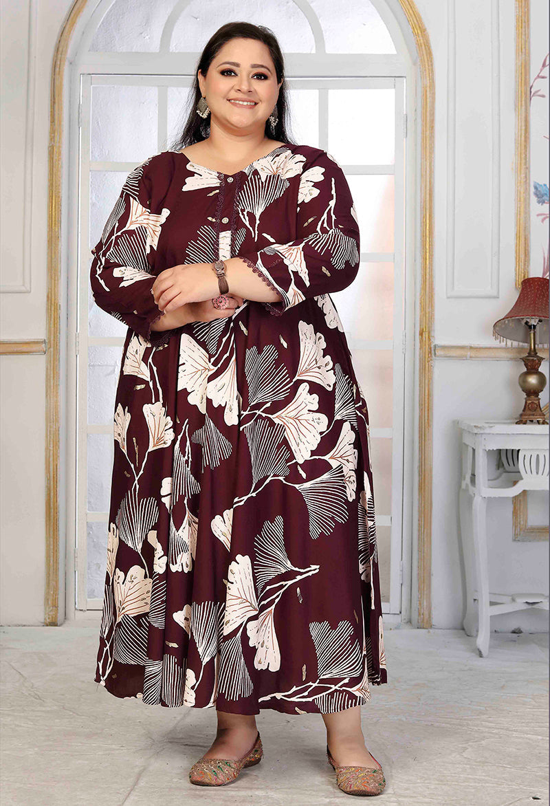 Monjolika Fashion Rayon Printed Wine Designer Kurti - Distacart