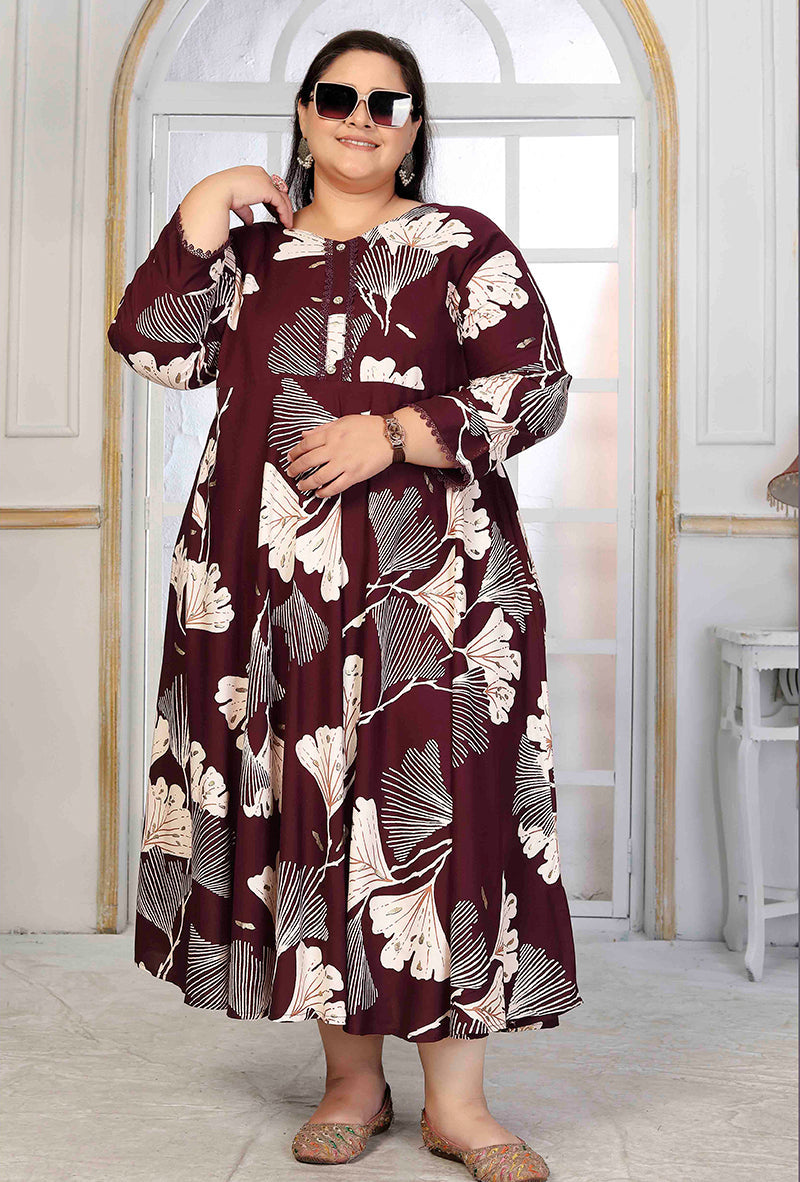 Monjolika Fashion Rayon Printed Wine Designer Kurti - Distacart