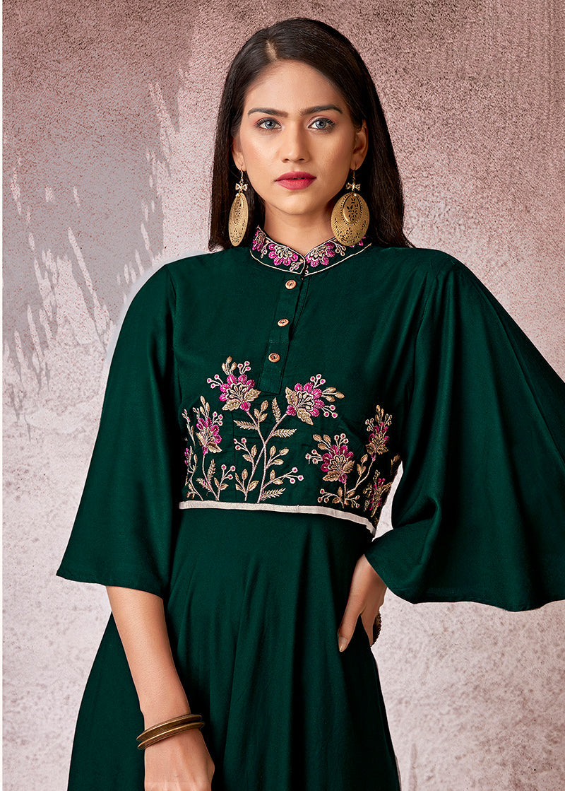Monjolika Fashion Bottle Green Rayon Embroidered Designer Kurti - Distacart