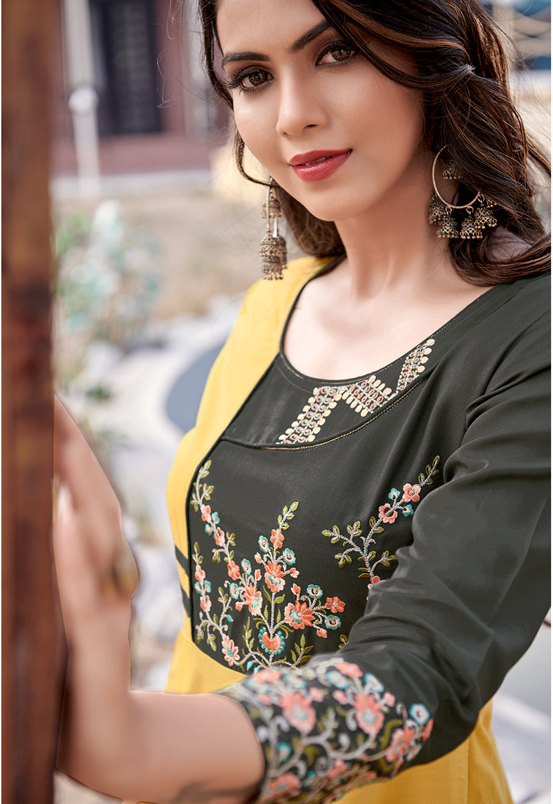 Monjolika Fashion Mustard Rayon Embroidered Designer Kurti - Distacart