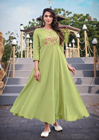 Monjolika Fashion Light Green Rayon Embroidered Designer Kurti - Distacart
