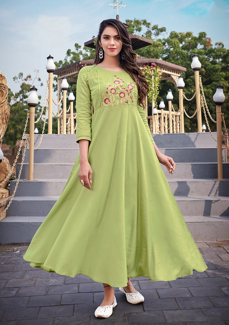 Monjolika Fashion Light Green Rayon Embroidered Designer Kurti - Distacart