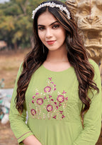 Monjolika Fashion Light Green Rayon Embroidered Designer Kurti - Distacart
